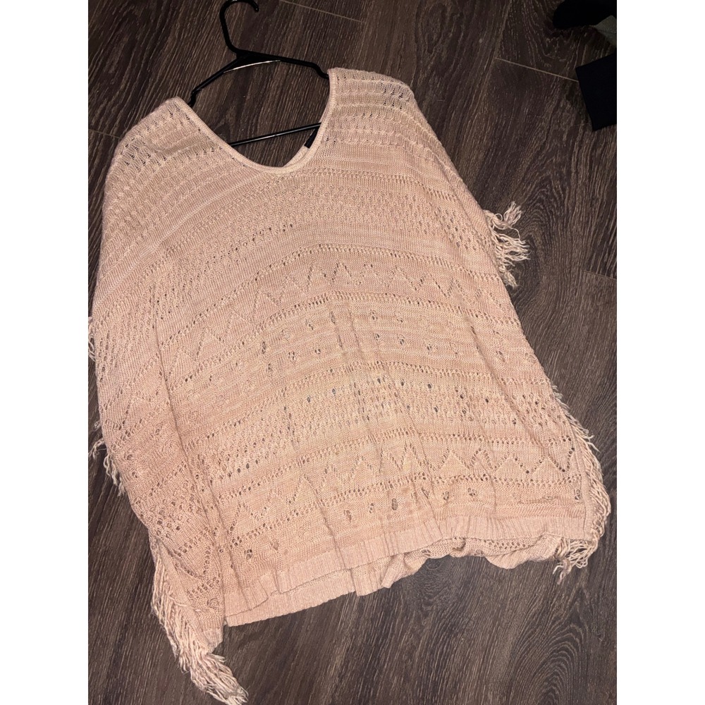 Rue 21 Womens Pink Boho Open Knit Fringe Poncho Sweater V-Neck Pointelle L/XL